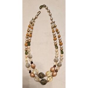 Vtg 50's Green Gold‎ Beaded 2 Strand Necklace  2 Tone 18" MCM